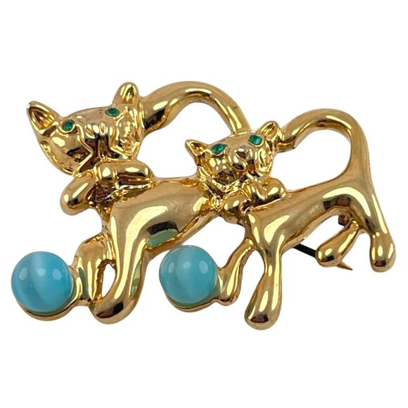 Vintage Gold Tone Cat Brooch With Turquoise Ball Two Cats Design - Picture 2 of 8